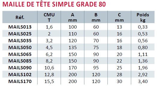 Maille de tête grade 80 levage - Caractéristiques